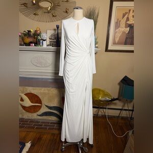 IEENA for Mac Duggal Ruched Keyhole Long Sleeve Jersey Gown in white